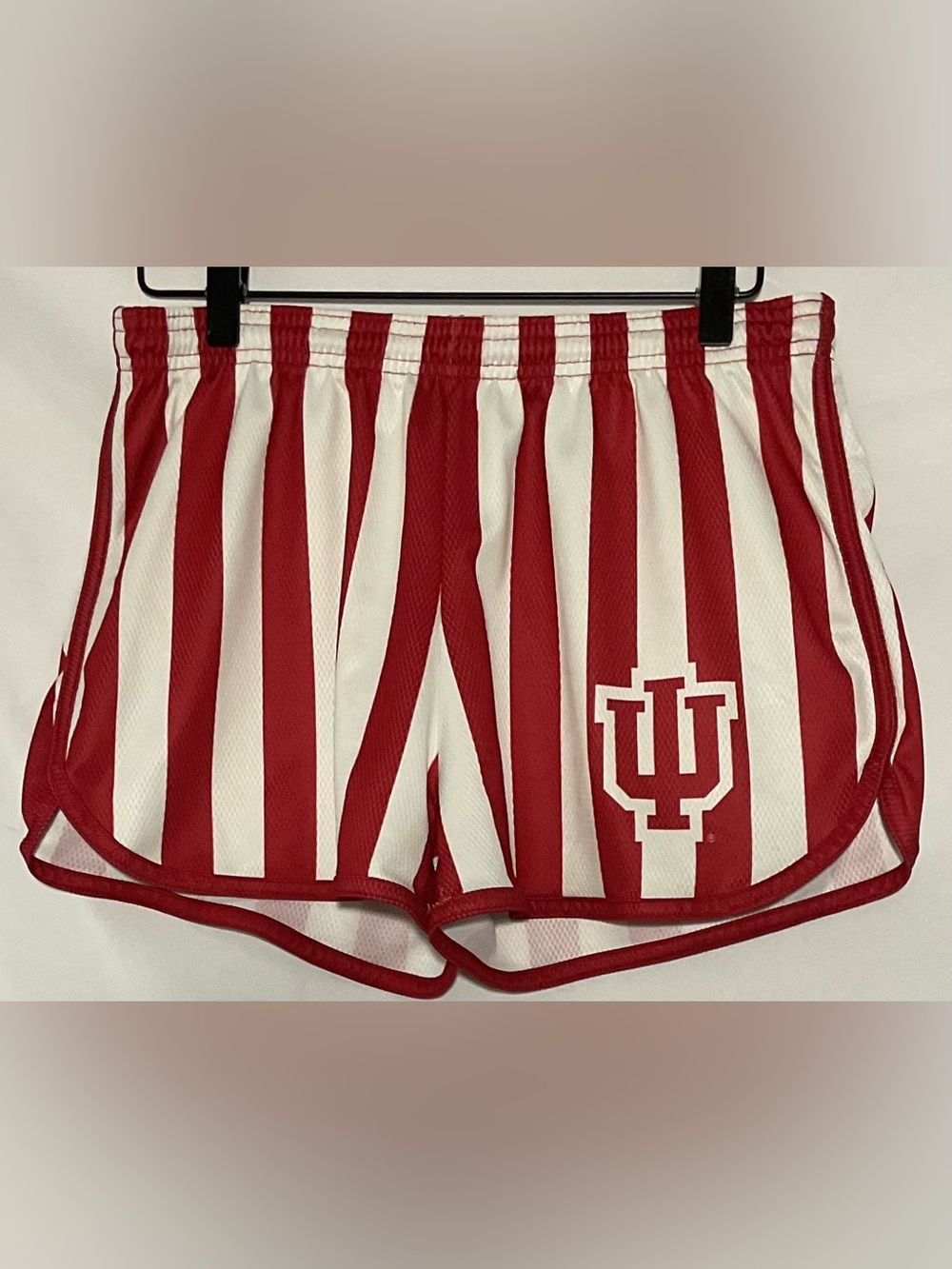 League Red and White Vertical Stripe Athletic Shorts with IU Emblem